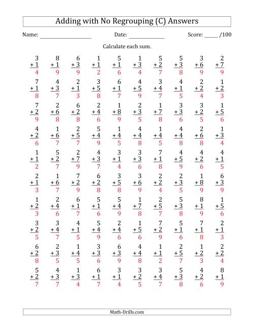 The 100 Single-Digit Addition Questions with No Regrouping (C) Math Worksheet Page 2