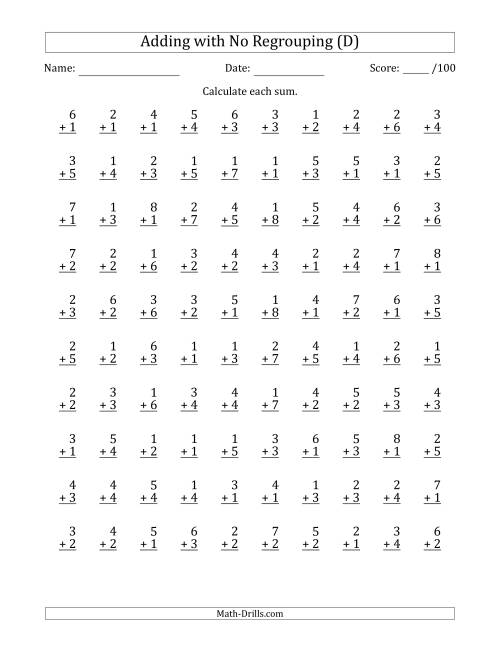 The 100 Single-Digit Addition Questions with No Regrouping (D) Math Worksheet