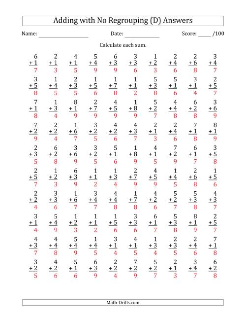 The 100 Single-Digit Addition Questions with No Regrouping (D) Math Worksheet Page 2