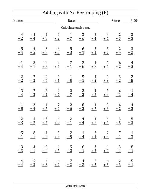 The 100 Single-Digit Addition Questions with No Regrouping (F) Math Worksheet