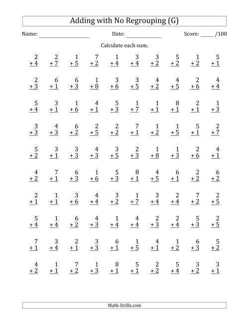 The 100 Single-Digit Addition Questions with No Regrouping (G) Math Worksheet