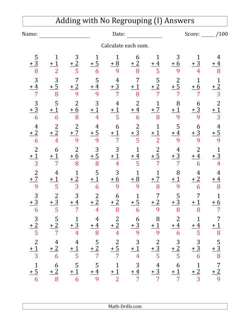 The 100 Single-Digit Addition Questions with No Regrouping (I) Math Worksheet Page 2
