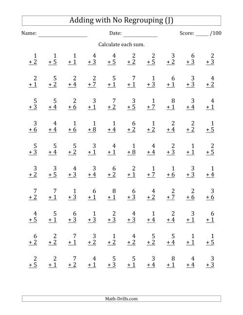 The 100 Single-Digit Addition Questions with No Regrouping (J) Math Worksheet