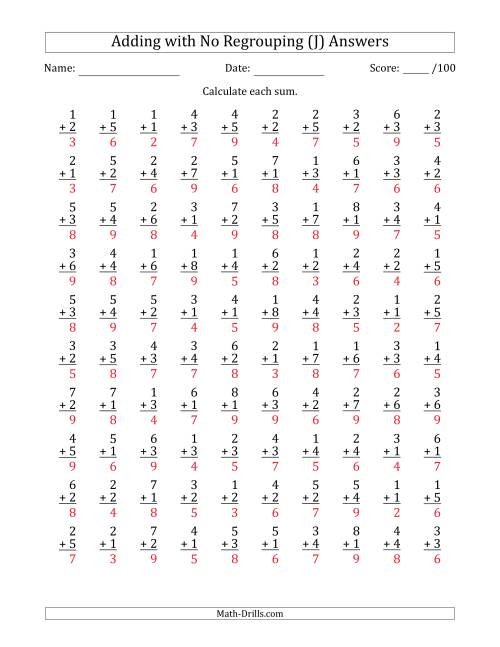 The 100 Single-Digit Addition Questions with No Regrouping (J) Math Worksheet Page 2