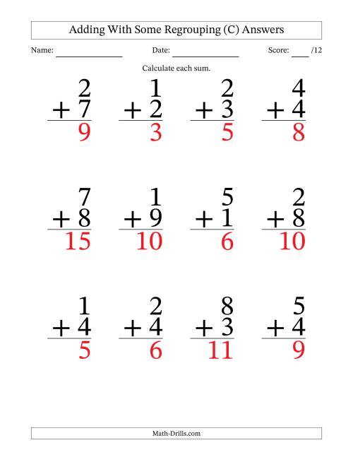 The 12 Single-Digit Addition Questions With Some Regrouping (C) Math Worksheet Page 2