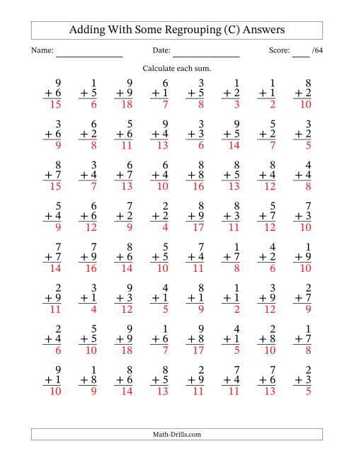 The 64 Single-Digit Addition Questions With Some Regrouping (C) Math Worksheet Page 2