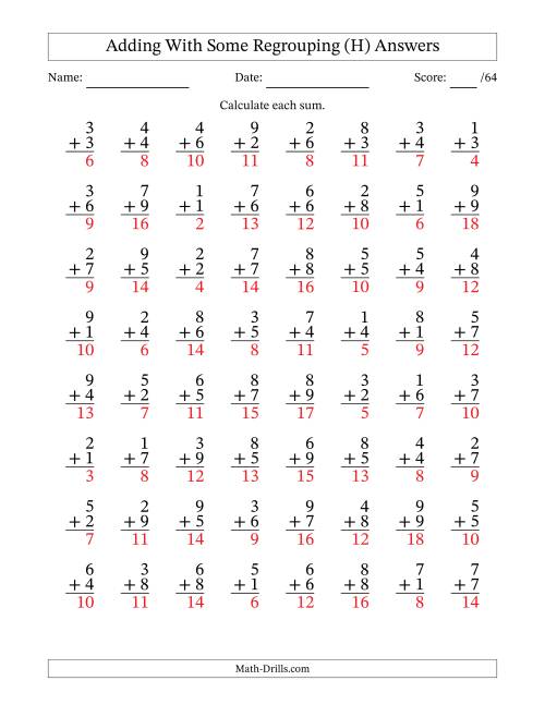 The 64 Single-Digit Addition Questions With Some Regrouping (H) Math Worksheet Page 2