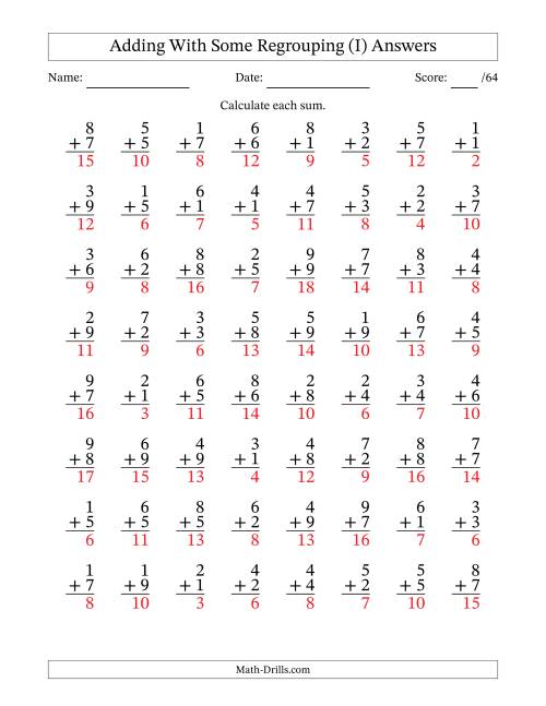 The 64 Single-Digit Addition Questions With Some Regrouping (I) Math Worksheet Page 2