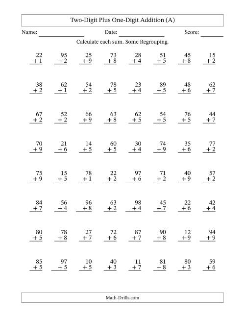The Two-Digit Plus One-Digit Addition With Some Regrouping – 64 Questions (A) Math Worksheet