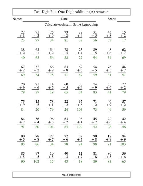 The Two-Digit Plus One-Digit Addition With Some Regrouping – 64 Questions (A) Math Worksheet Page 2