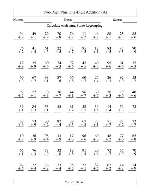 The Two-Digit Plus One-Digit Addition With Some Regrouping – 100 Questions (A) Math Worksheet