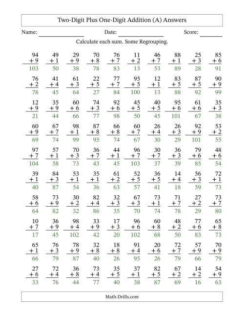 The Two-Digit Plus One-Digit Addition With Some Regrouping – 100 Questions (A) Math Worksheet Page 2