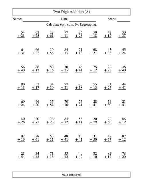 The Two-Digit Addition With No Regrouping – 64 Questions (A) Math Worksheet