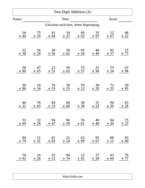 The Two-Digit Addition With Some Regrouping – 64 Questions (A) Math Worksheet