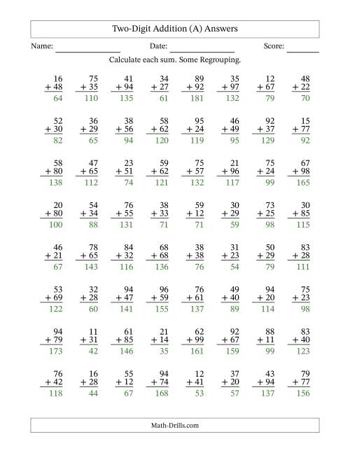 The Two-Digit Addition With Some Regrouping – 64 Questions (A) Math Worksheet Page 2