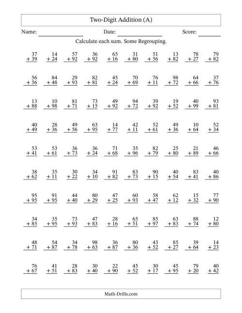 The Two-Digit Addition With Some Regrouping – 100 Questions (A) Math Worksheet