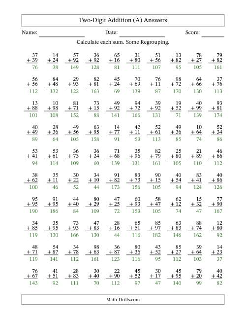 The Two-Digit Addition With Some Regrouping – 100 Questions (A) Math Worksheet Page 2