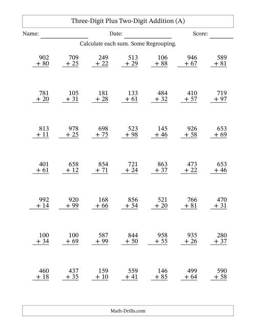 The Three-Digit Plus Two-Digit Addition With Some Regrouping – 49 Questions (A) Math Worksheet