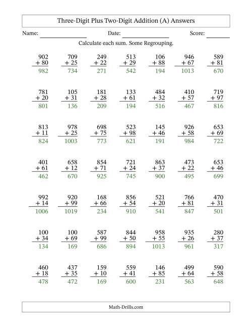The Three-Digit Plus Two-Digit Addition With Some Regrouping – 49 Questions (A) Math Worksheet Page 2