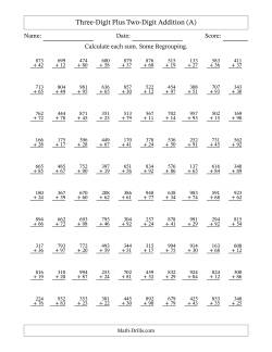 Three-Digit Plus Two-Digit Addition With Some Regrouping – 100 Questions