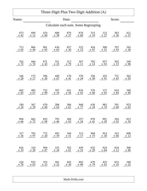 The Three-Digit Plus Two-Digit Addition With Some Regrouping – 100 Questions (A) Math Worksheet