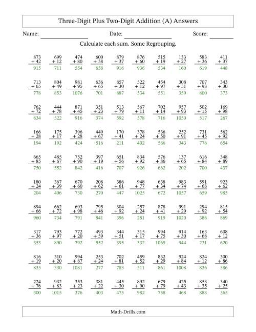 The Three-Digit Plus Two-Digit Addition With Some Regrouping – 100 Questions (A) Math Worksheet Page 2