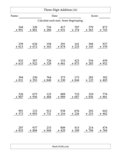 The Three-Digit Addition With Some Regrouping – 49 Questions (A) Math Worksheet