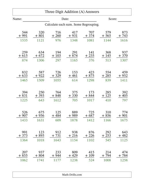 The Three-Digit Addition With Some Regrouping – 49 Questions (A) Math Worksheet Page 2