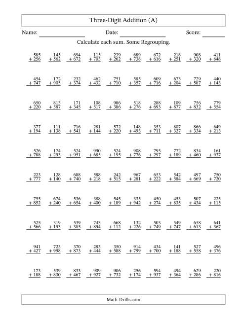 The Three-Digit Addition With Some Regrouping – 100 Questions (A) Math Worksheet