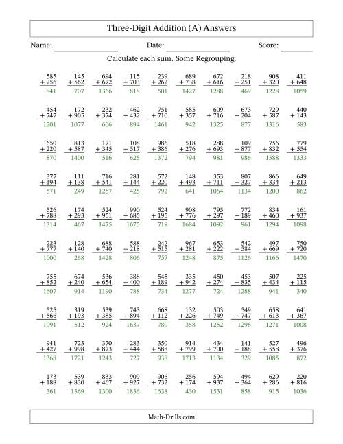 The Three-Digit Addition With Some Regrouping – 100 Questions (A) Math Worksheet Page 2