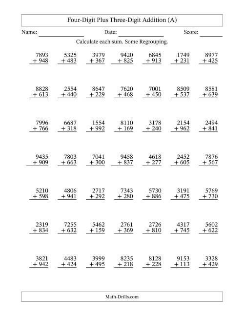 The Four-Digit Plus Three-Digit Addition With Some Regrouping – 49 Questions (A) Math Worksheet