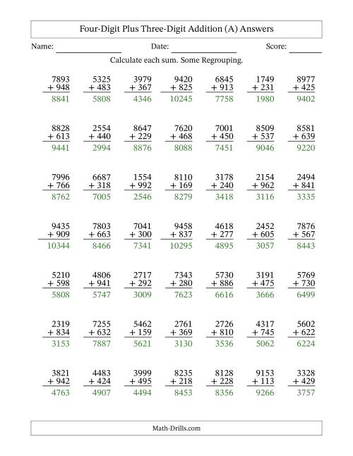 The Four-Digit Plus Three-Digit Addition With Some Regrouping – 49 Questions (A) Math Worksheet Page 2