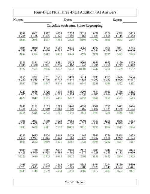 The Four-Digit Plus Three-Digit Addition With Some Regrouping – 100 Questions (A) Math Worksheet Page 2
