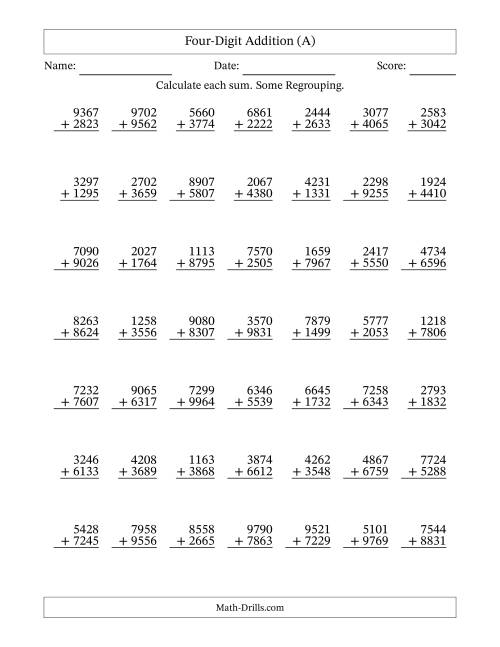 The Four-Digit Addition With Some Regrouping – 49 Questions (A) Math Worksheet