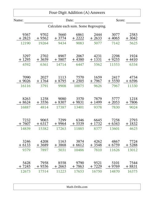 The Four-Digit Addition With Some Regrouping – 49 Questions (A) Math Worksheet Page 2