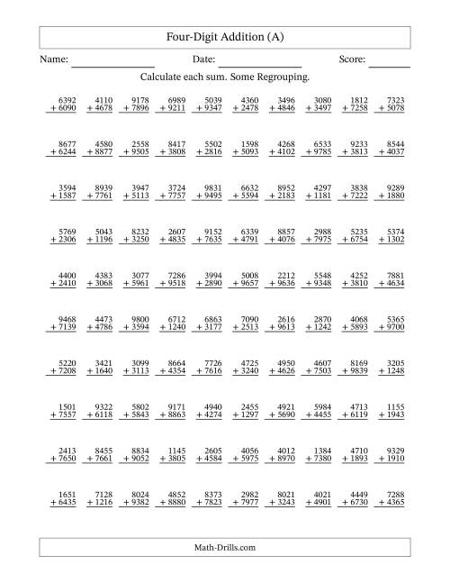 The Four-Digit Addition With Some Regrouping – 100 Questions (A) Math Worksheet