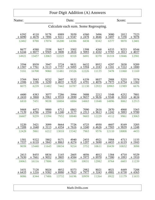 The Four-Digit Addition With Some Regrouping – 100 Questions (A) Math Worksheet Page 2