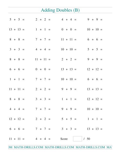 The Adding Doubles to 13 + 13 (B) Math Worksheet