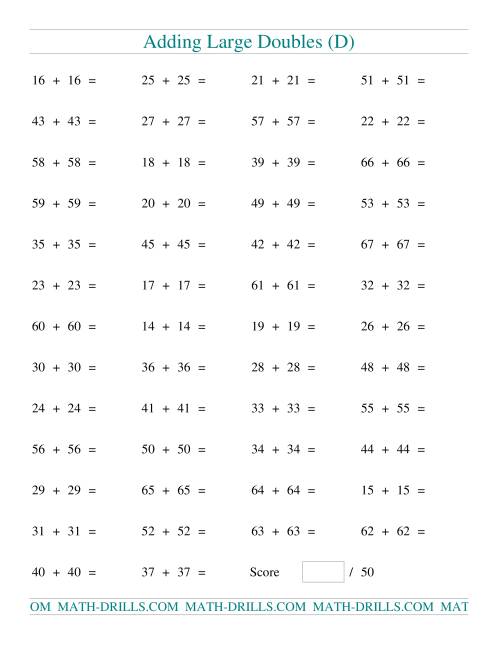The Adding Two-Digit Doubles (D) Math Worksheet