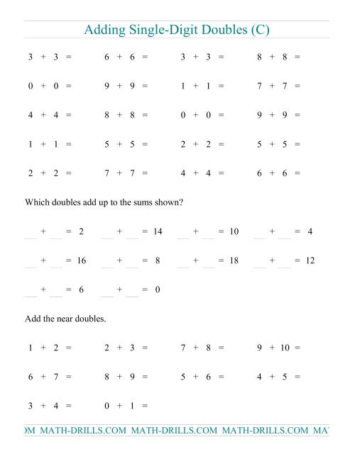 The Adding Doubles -- Single-Digit Only (C) Math Worksheet