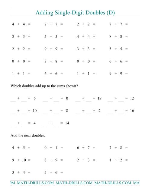 The Adding Doubles -- Single-Digit Only (D) Math Worksheet