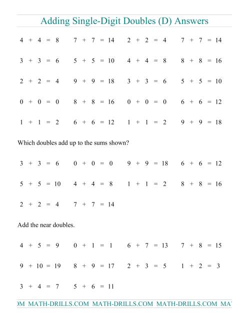 The Adding Doubles -- Single-Digit Only (D) Math Worksheet Page 2