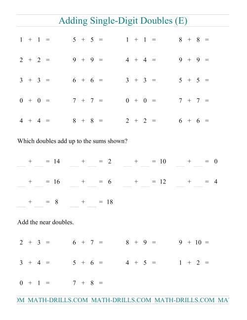 The Adding Doubles -- Single-Digit Only (E) Math Worksheet