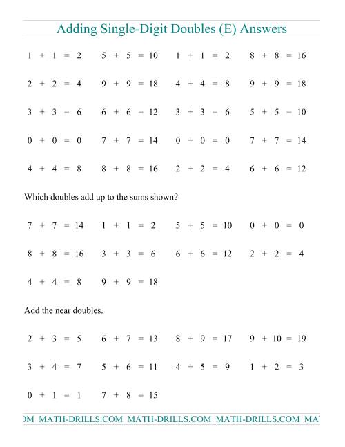 The Adding Doubles -- Single-Digit Only (E) Math Worksheet Page 2