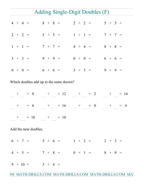 The Adding Doubles -- Single-Digit Only (F) Math Worksheet