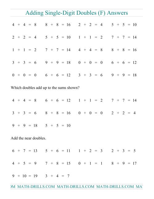 The Adding Doubles -- Single-Digit Only (F) Math Worksheet Page 2