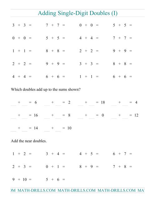 The Adding Doubles -- Single-Digit Only (I) Math Worksheet