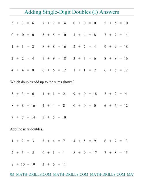 The Adding Doubles -- Single-Digit Only (I) Math Worksheet Page 2