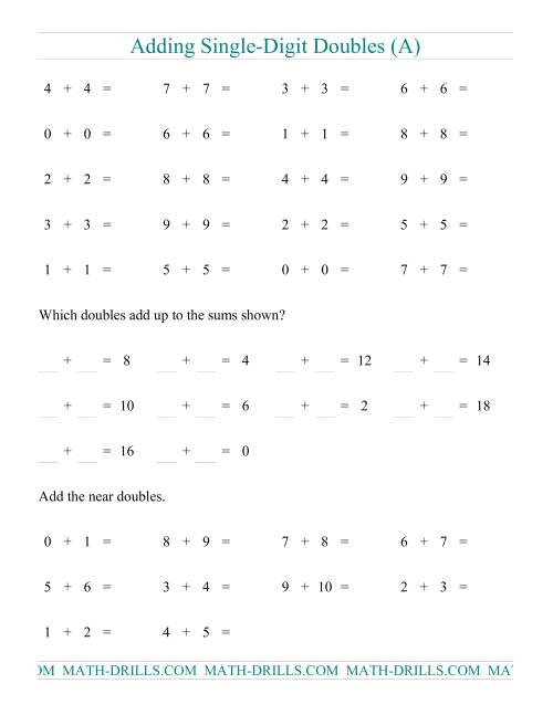 The Adding Doubles -- Single-Digit Only (All) Math Worksheet