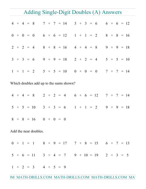 The Adding Doubles -- Single-Digit Only (All) Math Worksheet Page 2